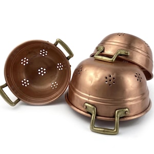French Copper Colander Set Of 3, Vintage Brass Handle Strainers, Kitchen Decor, Rustic Farmhouse Cookware, Nesting Copper Sieve Set