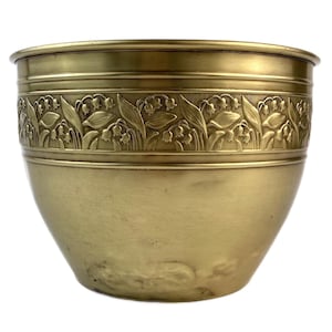 Vintage Brass Planter Bowl, Embossed Floral Band Design, French Decorative Cachepot, Worn Brass Plant Holder, Rustic Home Decor