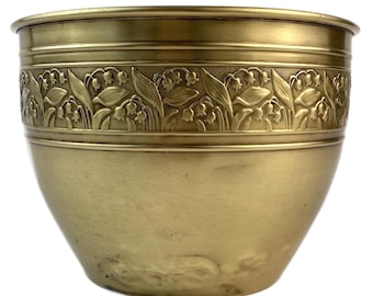 Vintage Brass Planter Bowl, Embossed Floral Band Design, French Decorative Cachepot, Worn Brass Plant Holder, Rustic Home Decor