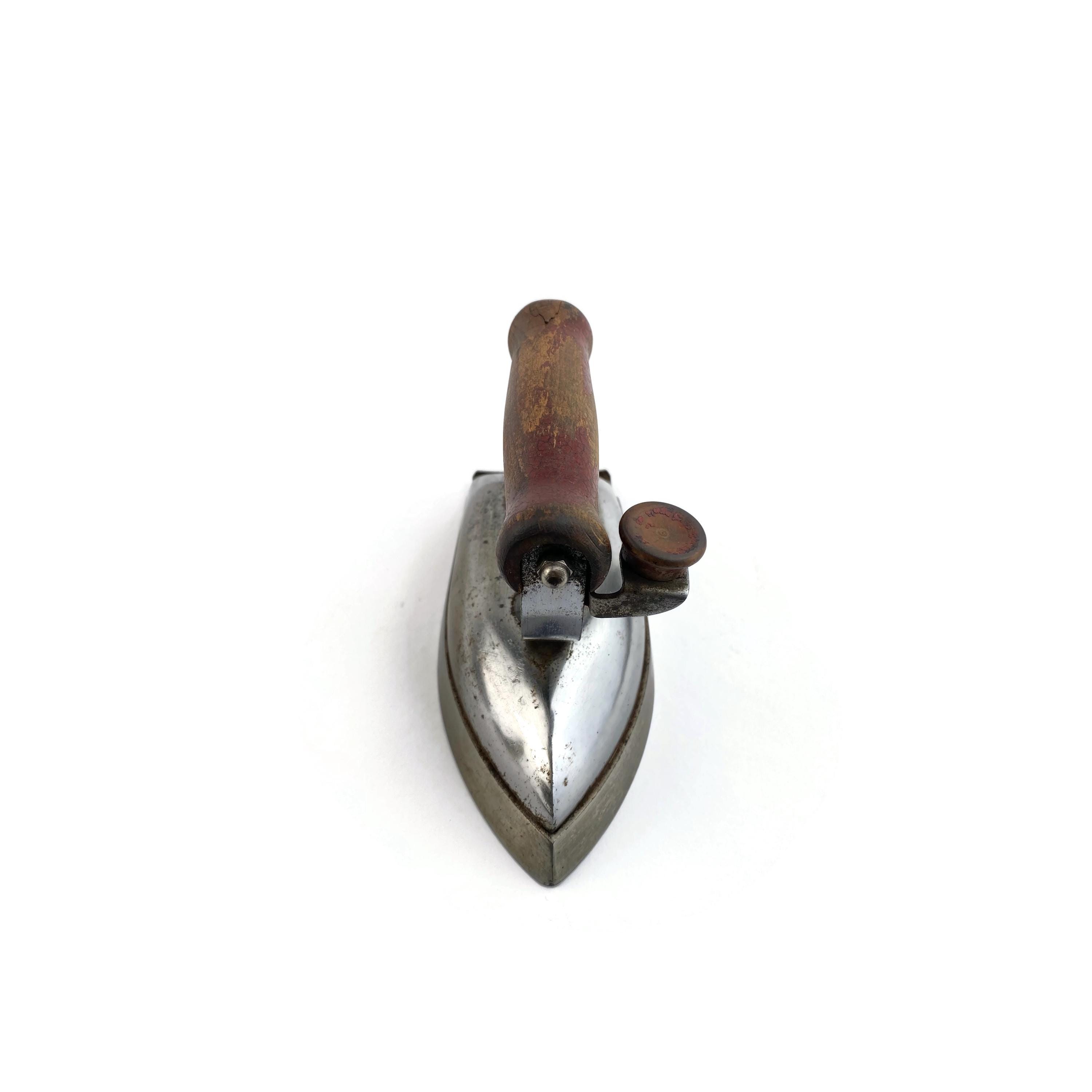 Vintage Electric Iron With Wooden Handle, Chrome Metal Press