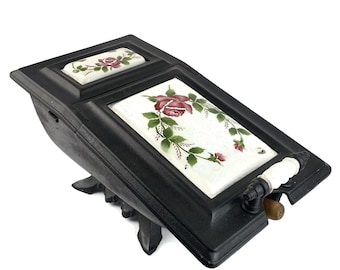 Vintage French Coal Scuttle, Cast Iron Fireplace Box With Ceramic Panels, Rustic Hearth Decor With Scoop, Antique Fuel Storage