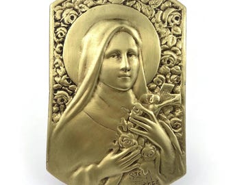 Vintage Religious Brass Icon, Saint Therese Relief Plaque, Catholic Standing Shrine Decor, French Devotional Art Piece