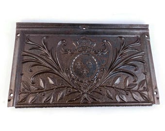 Antigua placa de chimenea francesa de hierro fundido, ornamentada placa con escudo, panel de pared de hierro de principios del siglo XX, diseño real de flor de lis, protector contra incendios pesado