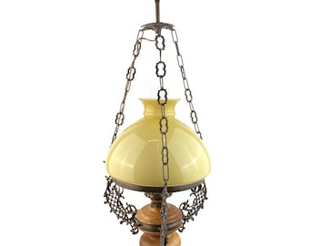 Vintage French Hanging Chandelier, Yellow Glass Shade Pendant Light, Wood and Brass Lantern, Rustic Farmhouse Ceiling Lamp, Living Room Gift