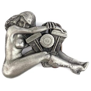Vintage American Belt Buckle, Buckleworx Model BWX1011, Woman Hugging V-Twin Engine, Biker Accessory 2005, Motorcycle Gift Idea, Made In USA