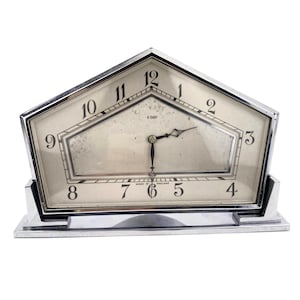 English Art Deco Clock, 1930s British 8-Day Desk Clock, Chrome Geometric Timepiece, Made In England, Rare Collectible Shelf Decor, Gift Idea
