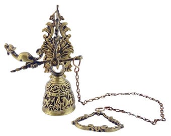 Vintage Monastery Brass Bell, Wall Hanging Door Bell, Antique Ringer With Chain And Victorian Style Ornate And Angel, Front Porch Decor