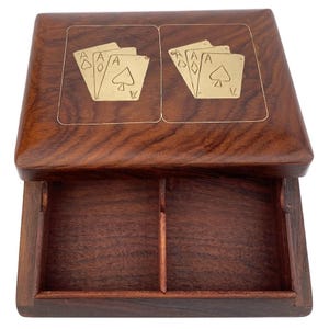 Vintage houten kaartendoos, messing inleg pokerontwerp, opbergkoffer tweedekken, handgemaakte houten speldoos, speelkaarthouder, casino decor cadeau