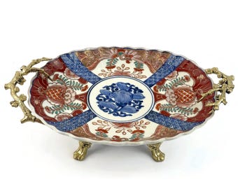 Vintage Imari Style Porcelain Plate, Asian Hand Painted Dish With Bronze Stand, Decorative Display Piece, Ornate Serving Platter