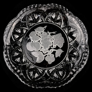 Vintage Crystal Plate With Grape Vines, Fruit Motif Cut Glass, Clear Crystal Serving Dish, Grape Leaf Centerpiece, Scalloped Edge Plate Gift