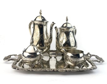 Vintage French Tea Coffee Set, Silver Tone Brass Service With Tray, Ornate Tableware Set, Decorative Serving Collection