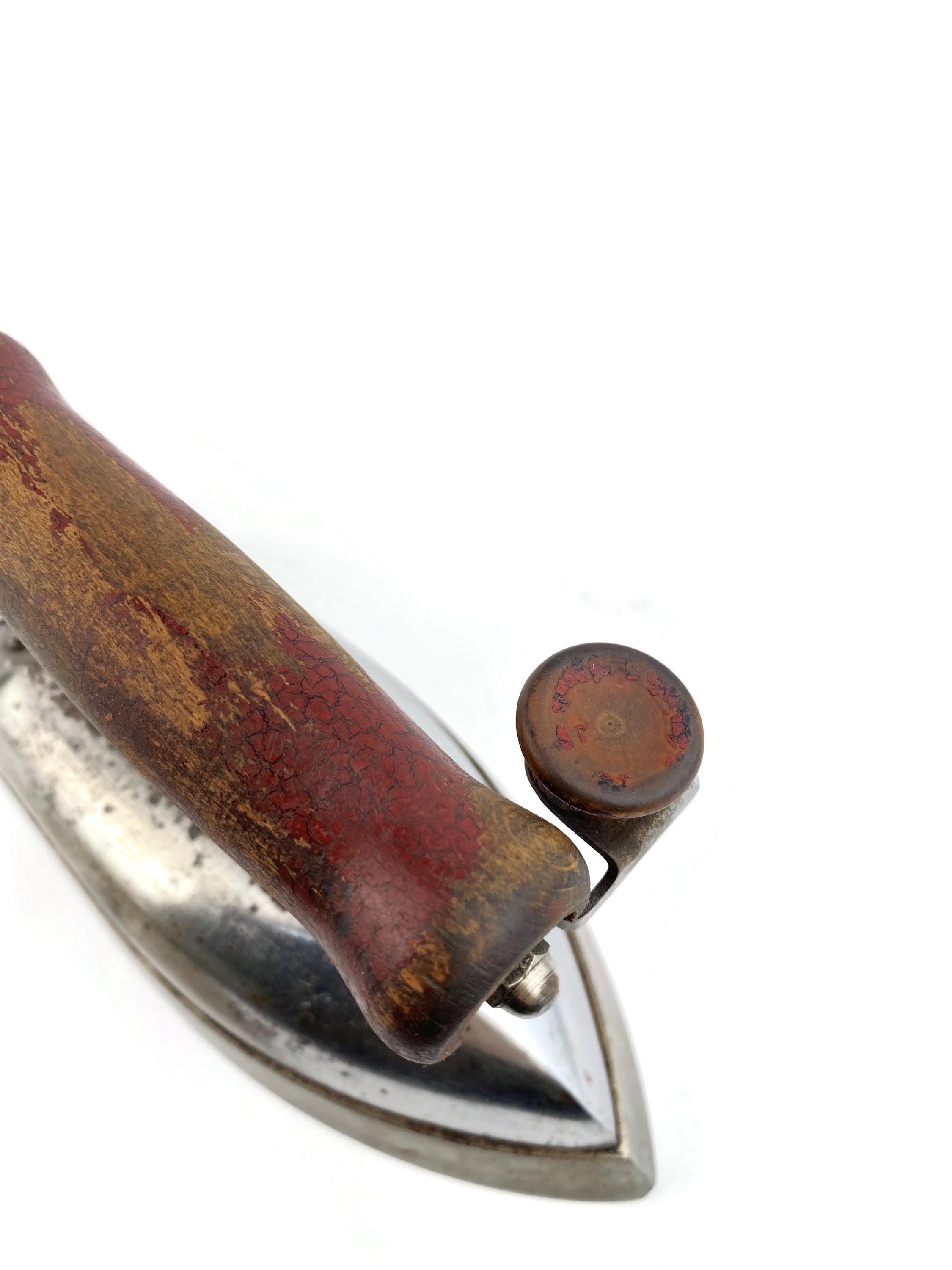 Vintage Electric Iron With Wooden Handle, Chrome Metal Press