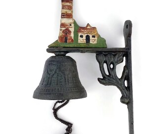 Vintage Cast Iron Wall Bell, Painted Lighthouse And Cottage, Rustic Doorbell, Outdoor Farmhouse Bell, Decorative Entryway Garden Decor