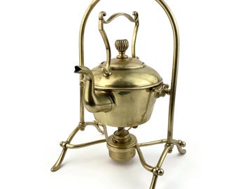 English Teapot With Warmer, Art Deco Kettle, Brass Tea Stand With Burner, Midcentury Tea Maker, Made In England, Living Room Decor