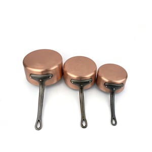 French Copper Sauce Pan Set Of 3 With Iron Handles, Vintage Sauté Pans, Tinned Cooking Pans, Copper Cooking Utensils, Kitchen Decor Idea