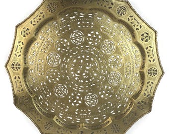 Large Chinese Brass Tray, Pierced Decorative Serving Platter, Oriental Metal Tray With Symbols, Vintage Asian Decor Piece, Table Centerpiece
