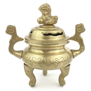 Vintage Asian Incense Burner, Brass Chinese Censer, Foo Dog Lid, Tripod Incense Pot , 20th Century Eastern Burner, Asian Altar Gift