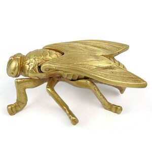 Può includere: Una scultura in metallo dorato dettagliata di una mosca. La scultura dell'insetto presenta dettagli intricati sulla testa, sul corpo, sulle zampe e sulle ali. Le ali sono leggermente aperte e la scultura è su sfondo bianco.