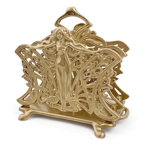 Portacartas francés de latón fundido, portacartas con relieve ornamentado, accesorio de escritorio vintage, antiguo estante para cartas de oficina, estilo Art Nouveau de la década de 1900