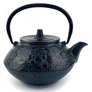May include: Dark teal cast iron teapot with a textured surface and floral design. The teapot has a black handle and lid. The spout is on the right side. A decorative kitchen item.