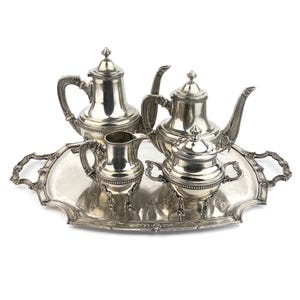 French Silver Plated Coffee And Tea Serving Set, Metal Blanc 5 Piece Set, Silverware, Vintage Tea Pots With Creamer, Sugar Bowl And Tray