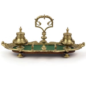 Antique Brass Double Inkwell, Victorian Desk Set With Pen Rest, Heavy French Writing Accessory, Brass Inkwell Tray, Green Felt Desk Inkwell