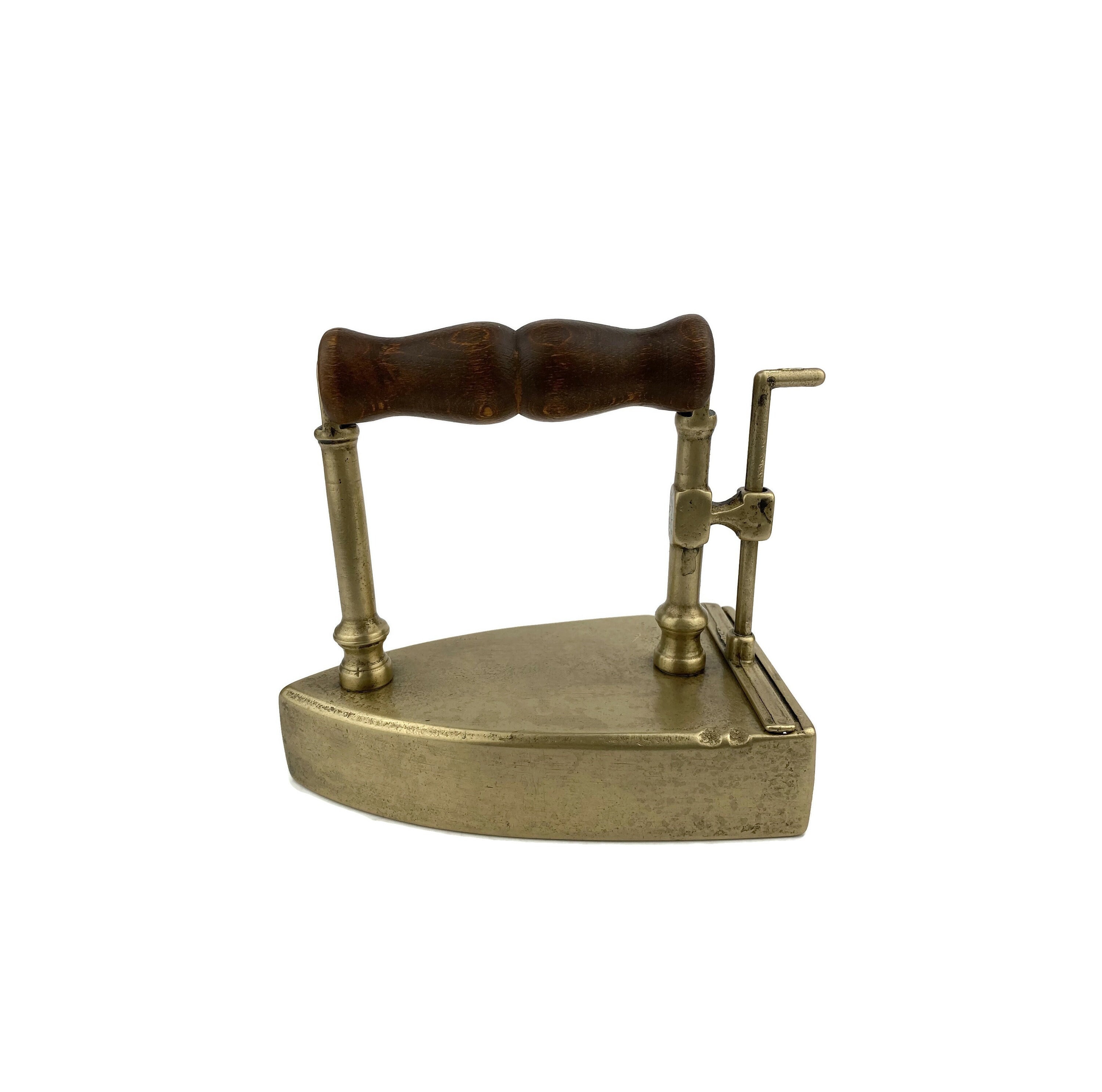 French Slug Iron With Wooden Handle and Original Iron Block, Victorian Clothes Iron, Brass Box Iron, Vintage Collar Or Cuff Ironing Tool