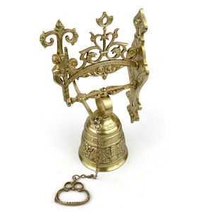 Campana de latón de monasterio vintage, timbre de puerta para colgar en la pared, timbre antiguo con cadena y adorno de estilo victoriano y ángel, decoración de porche delantero