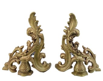 Antique French Andirons Set, Fireplace Ornate Firedogs, Vintage Brass Fireplace Accessory, Victorian Andiron Pair, Living Room Accessory