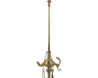 Vintage Brass Oil Lamp Stand, Decorative Swan Element, Wick Cutter Tweezer Poker Set, Hanging Tools, Traditional Lighting Piece