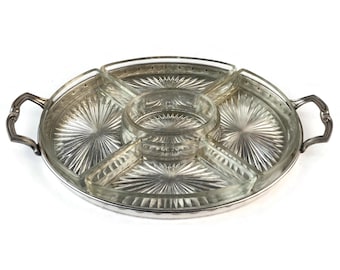 Vintage French Serving Tray Set, Silver Plated Brass Platter With Glass Bowls, Divided Snack Tray, Hors D'oeuvre Serving Set, Tableware