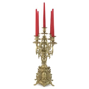 Antique French Candelabra, Candle Holder For 5 Candles, Brass 5 Branch Candlesticks Holder, Rococo Embossed Brass Ornate With Cherubs