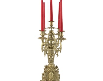 Candelabro francés antiguo, portavelas para 5 velas, candelabro de latón de 5 brazos, latón repujado rococó ornamentado con querubines