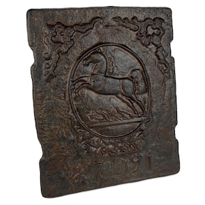 20th Century Wall Frieze With Horse Image, Cast Iron Ornate Relief Fireback, Fireplace Insert, Iron Decorative Plate, Hearth Accessory 1900s