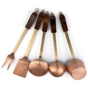 Vintage Copper Kitchen Utensils, French Tool Set - 2 Ladles Skimmer Fork Spatula, Cooking Accessories Set Of 5, Wood & Brass Kitchen Decor