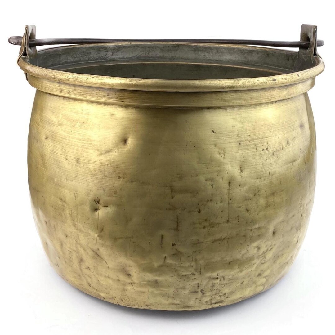 Antique Brass Cauldron, Vintage 35 Liter Hanging Cooking Pot, Fireplace