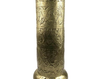 Antique Brass Umbrella Stand, Large Embossed Cane Holder, Hand Engraved Metal Floor Vase, Decorative Hallway Stand, French Brass Decor