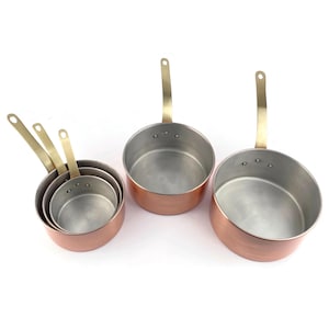 French Sauce Pan Set Of 5 With Brass Handles, Vintage Sauté Pans, Aluminum Cooking Pans, Copper Cooking Utensils, Kitchen Decor Idea