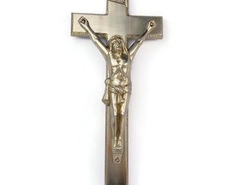 Crucifijo italiano antiguo de gran tamaño, cruz de latón para colgar en la pared, Jesucristo INRI, regalo religioso católico del siglo XX, decoración cristiana para el hogar.