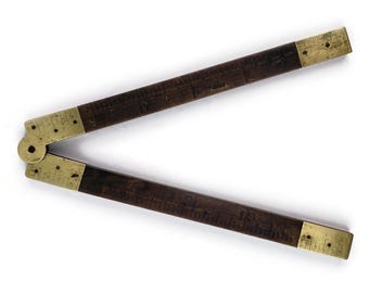 Vintage 12 Inch Wooden Folding Ruler, Brass Bound Measuring Rule, Carpenter Tool