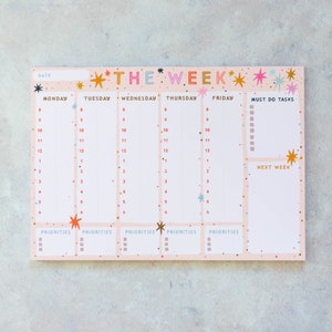A4 Weekly Planner Colourful Stars Design | WFH Planner | To Do List | Family Planner | Motivation | Organisation | Desk Planner | Daily Plan