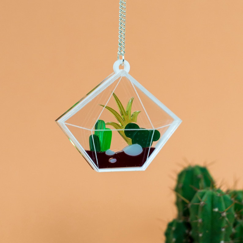 Terrarium necklace cactus necklace cactus jewellery terrarium jewellery succulent necklace statement necklace laser cut necklace image 1