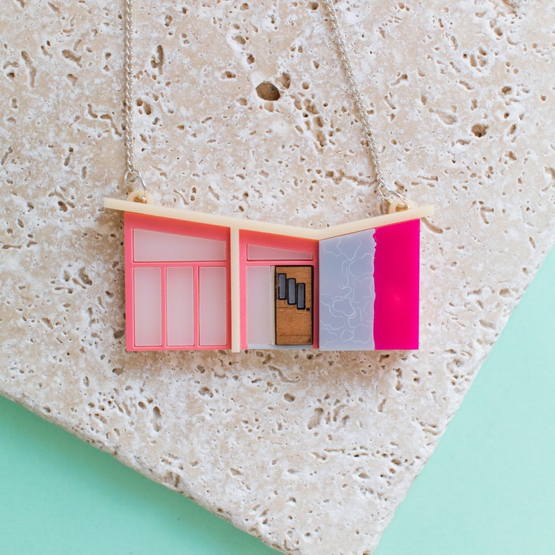 Palm Springs House Necklace Pink Mid Century Necklace Palm Springs Style Laser Cut Jewellery Quirky Statement Necklace image 1