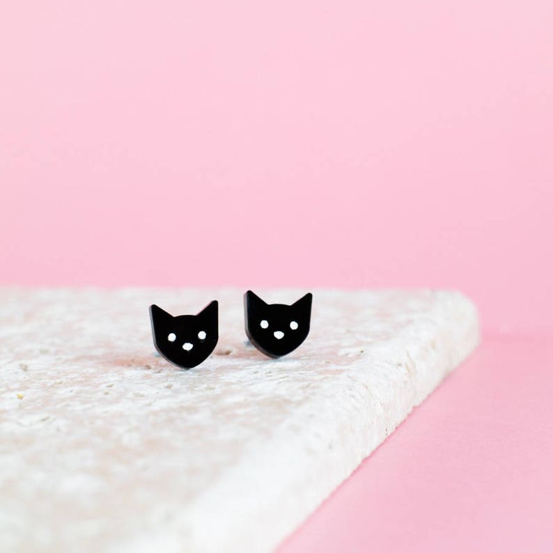 Black Cat Earrings Kitty Earrings Weird Earrings Kitty Studs Cat Jewellery Gift for Cat Lover Kitty Jewellery Cat Gift image 1