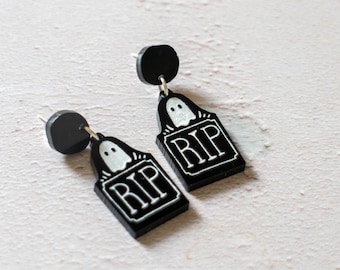 Spooky Halloween Grave Stone Dangle Earrings Laser Cut Hand Painted Ghost Earrings