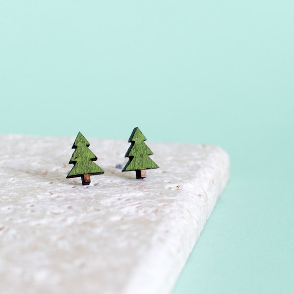 Tree Stud Earrings - Nature Lover's Jewellery - Wood Jewelry - Laser Cut Wood with Hand-Painted Accents - Unique Gift