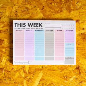 May include: A weekly habit tracker with a light blue, pink, and grey colour scheme. The tracker has spaces for each day of the week, Monday through Sunday, with lines for writing in habits or tasks. The text "This Week" is at the top of the tracker.