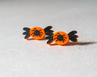 Halloween Spooky Candy Earrings - Orange and Black Spider Design - Creepy Studs