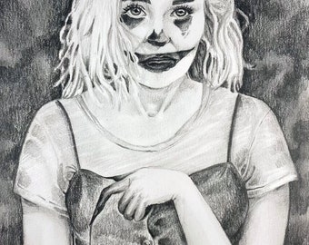 Laughter and Fright by Leah Miller - 5.5 x 8.5 Print Graphite Drawing - Pencil clown portrait