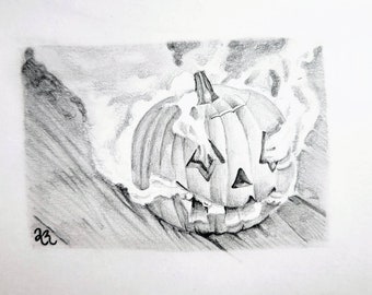 Pumpkin Cloud ACEO - Original art card - pencil miniature 2.5" x 3.5"